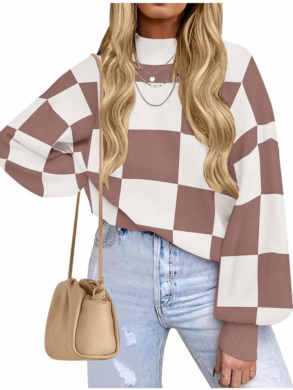 ZESICA Checkered Crewneck Sweater Brown & Cream Size Medium